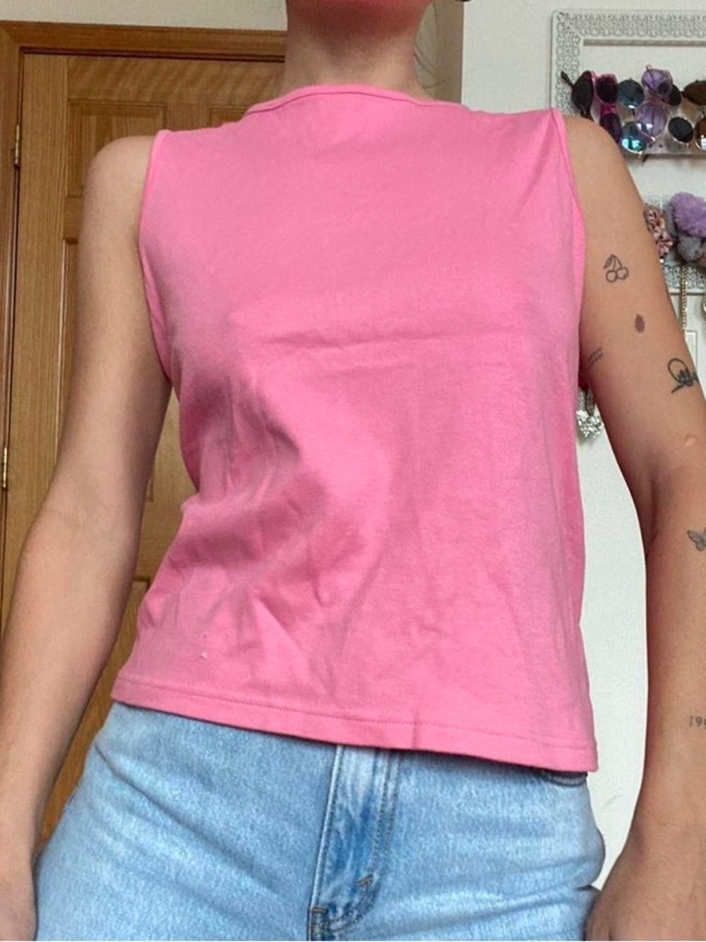 Vintage High Neck Pink Sleeveless Women's Tank Top